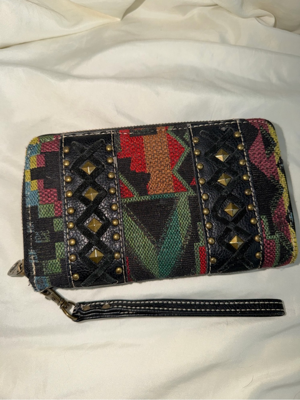 Montana West Aztec Black Multicolor Tribal Zip Wallet Wristlet with Stud Accents